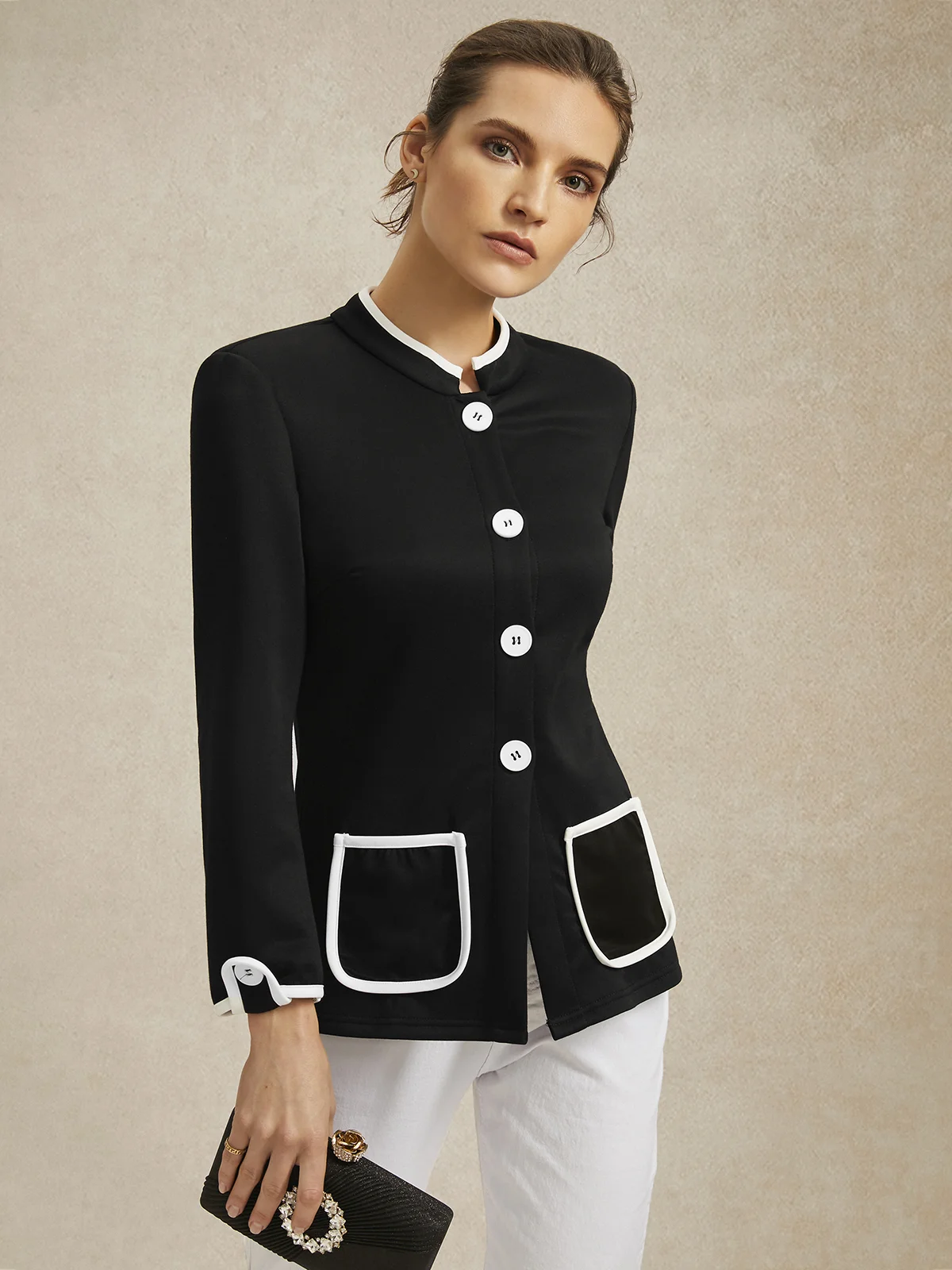 Daily Urban Pockets Buttoned uttoned Crew Neck Jacket